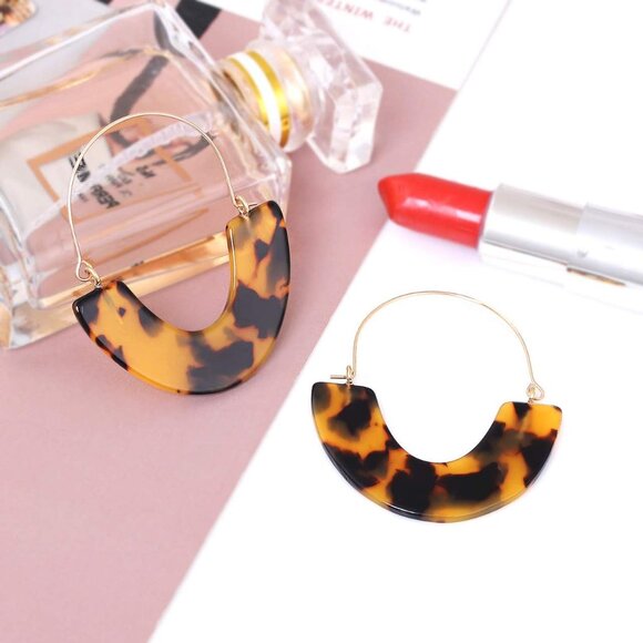 Acrylic Earrings Tortoise Hoop Earrings Statement Wire Resin Earrings Fan Drop D - Picture 4 of 6
